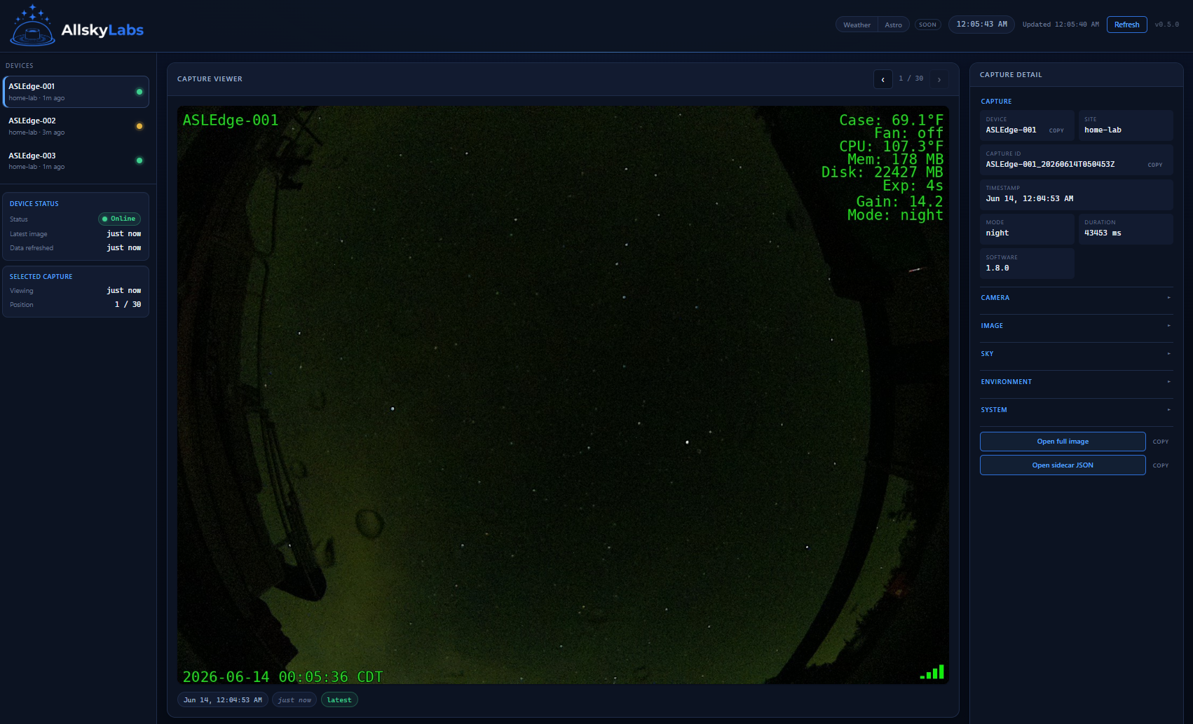 AllSkyLabs viewer app showing a live night sky capture